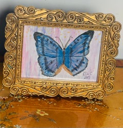 Abstract Blue Butterfly Painting in Gold Frame