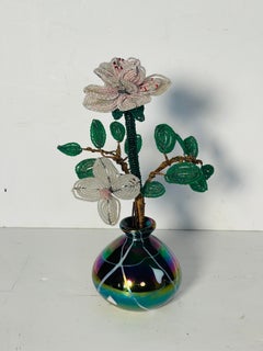 Antique Beaded Flower Brunch in Italian Art Glass Vase