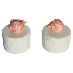 Pair Ceramic Sea Shell Cylinder Boxes