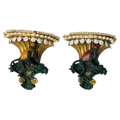 Whimsical Pair of Eall Brackets Monkey Servants with Sea Shells Border