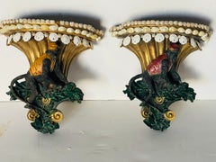 Whimsical Pair of Eall Brackets Monkey Servants with Sea Shells Border