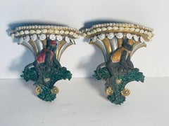 Whimsical Pair of Eall Brackets Monkey Servants with Sea Shells Border