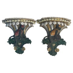 Whimsical Pair of Eall Brackets Monkey Servants with Sea Shells Border