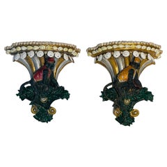 Whimsical Pair of Eall Brackets Monkey Servants with Sea Shells Border