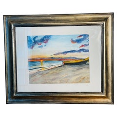 Seascape Watercolor at Sunset with a Boat