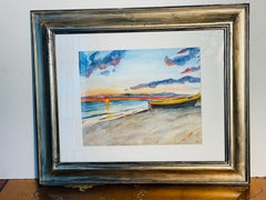 Seascape Watercolor at Sunset with a Boat