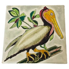 Antique Polychrome Ceramic Tile Handpainted Pelican
