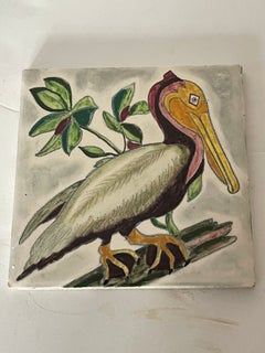 Antique Polychrome Ceramic Tile Handpainted Pelican