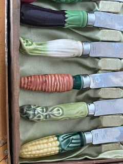 Vintage Set of Cheese Knives with Ceramic Vegetables Handles
