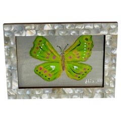 Green Gold Butterfly Painting in Mother of Pearl Frame