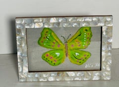 Green Gold Butterfly Painting in Mother of Pearl Frame