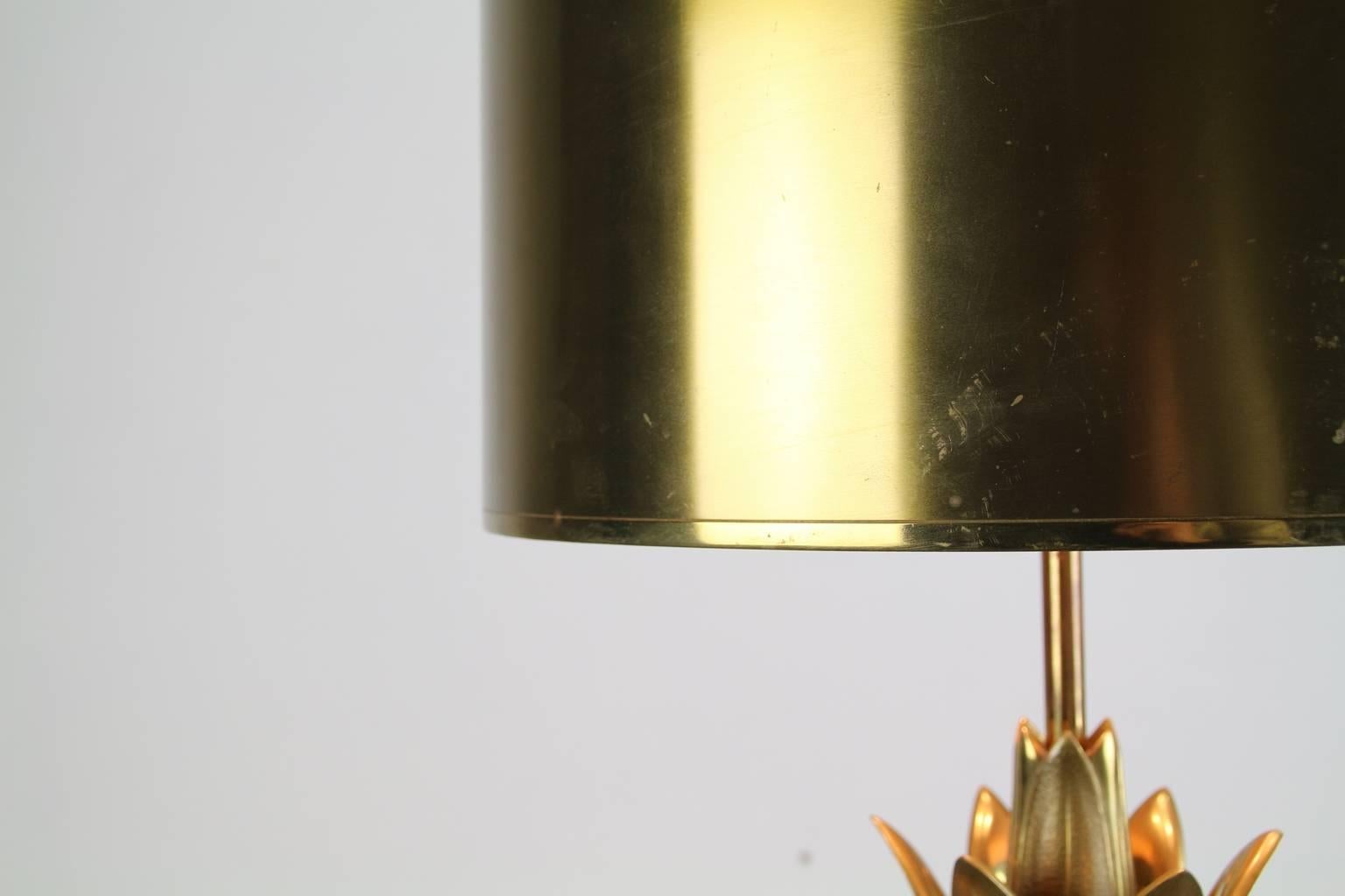 Mid-Century Modern Brass Lotus Table Lamp with Metal Hood by Maison Charles For Sale