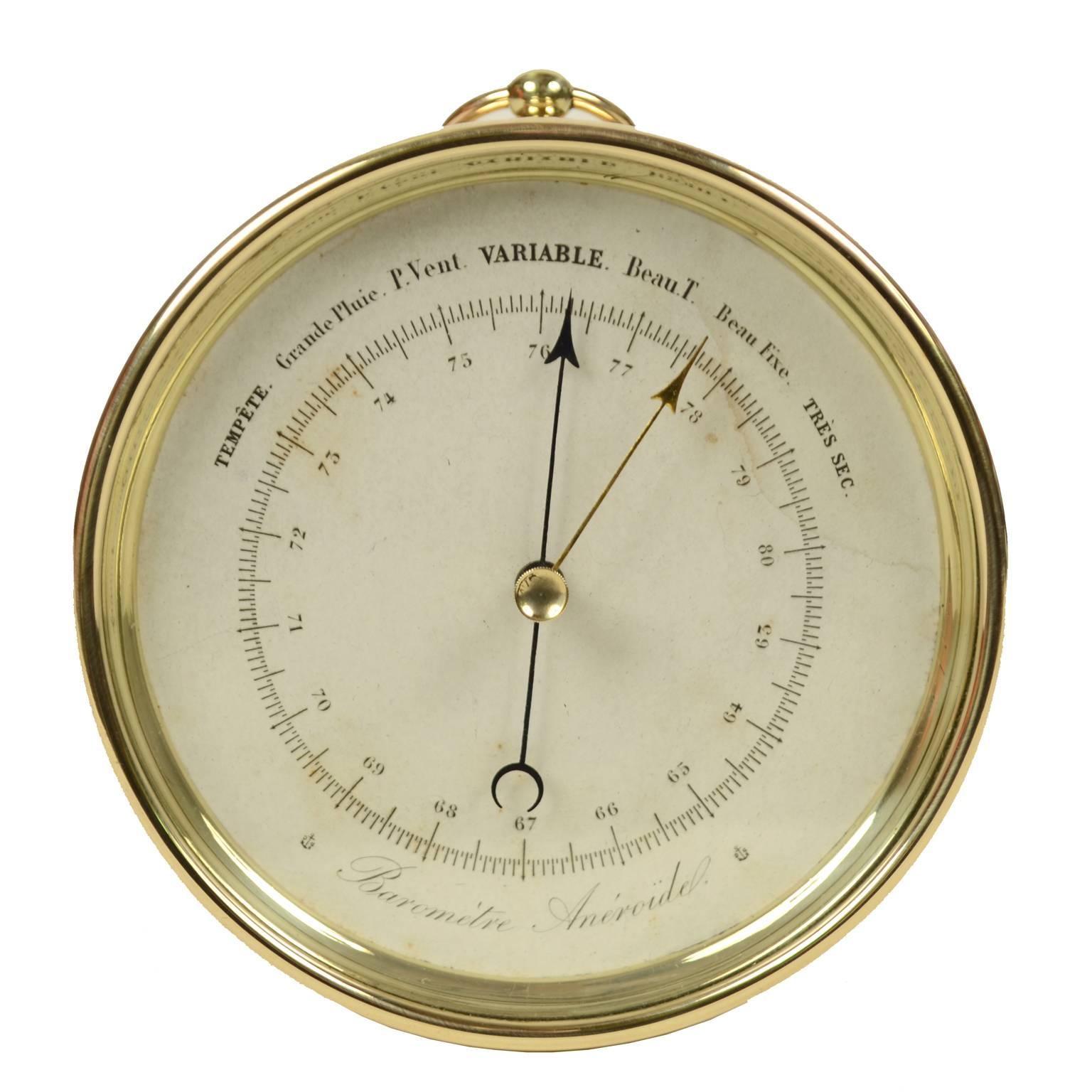 Aneroid barometer, brass and glass, French manufacture of the end of the 19th century. Very good condition and in order. Diameter cm 12.5, depth cm 5.