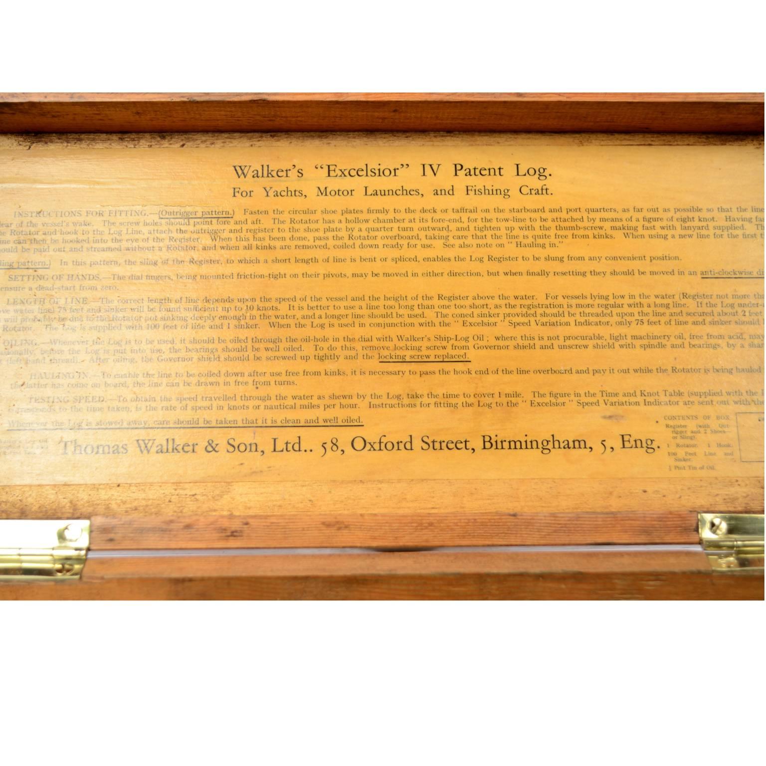 Brass Log Signed Walker’s Excelsior IV Patent Log, 1920 circa 1