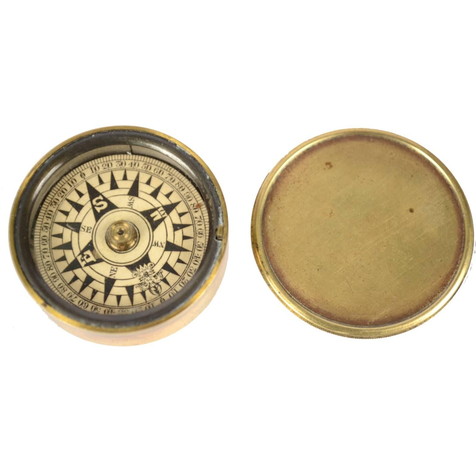 Dry Pocket Nautical Compass Placed in Its Original Box Made of Turned Brass
