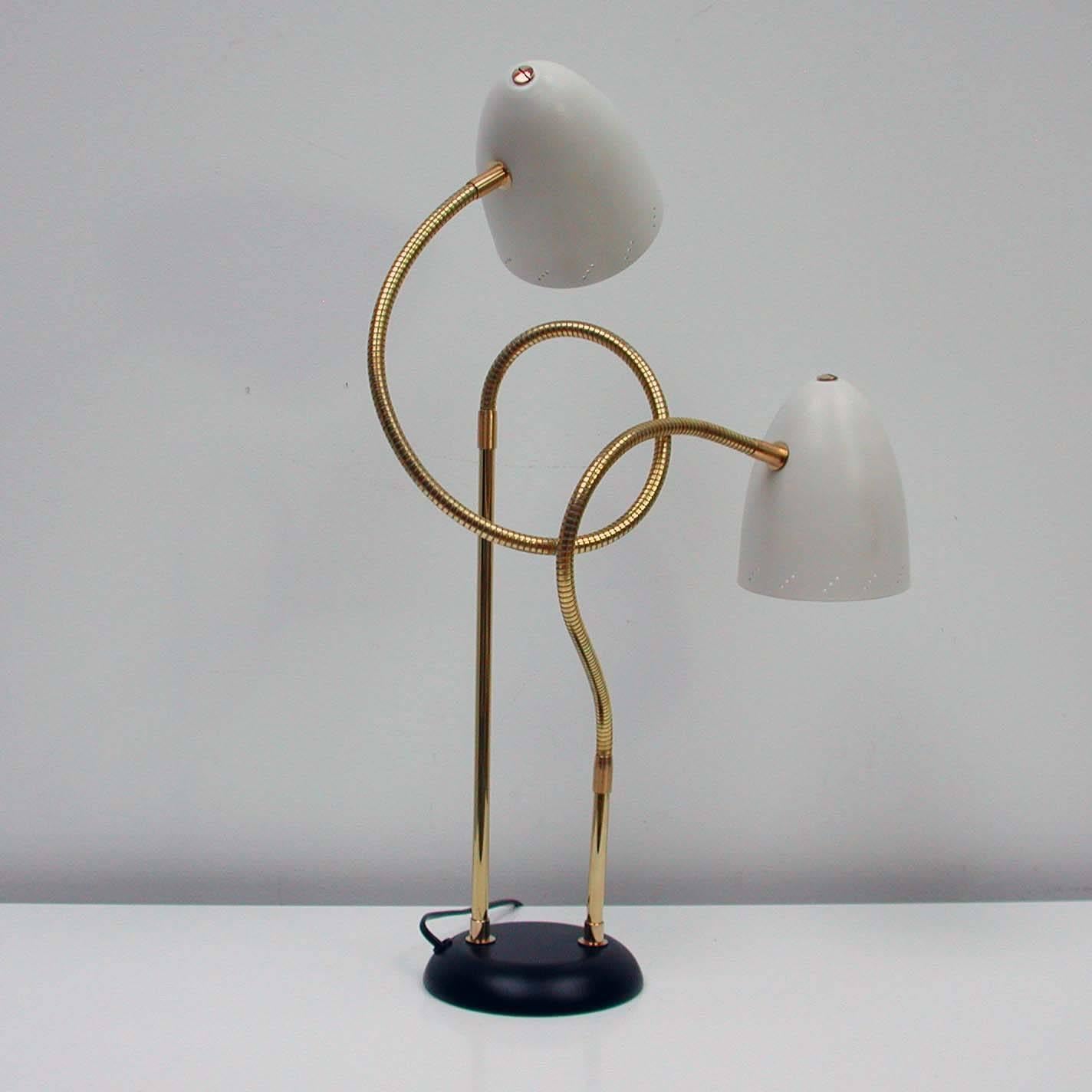 Brass Italian 1950s Double Gooseneck Table Lamp