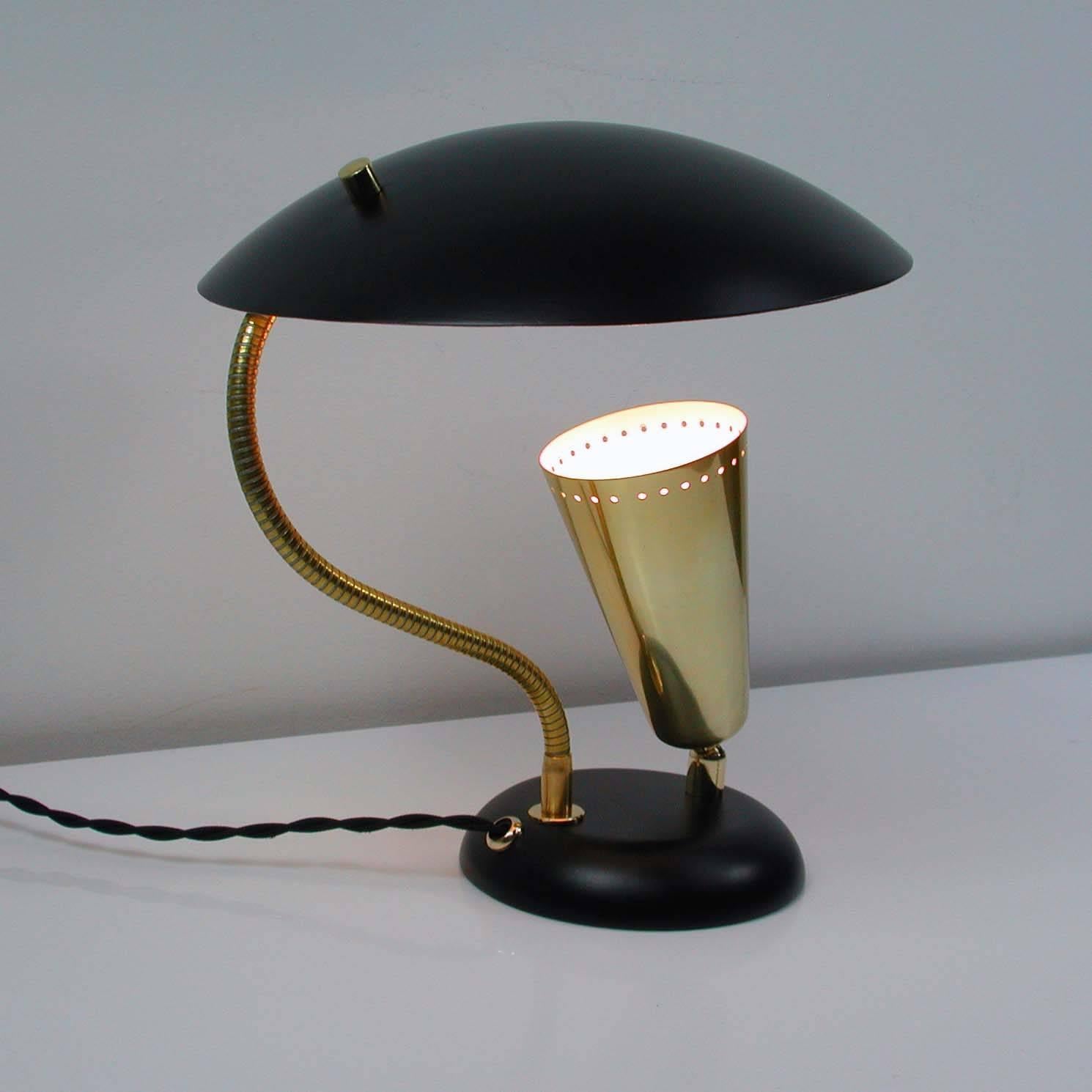 Italian Mid-Century Brass and Metal Double Shade Table Lamp, 1950s 1