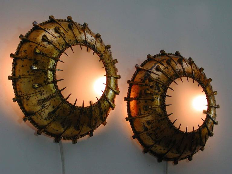 Pair of MidCentury Spanish Gilt Scones or Flush Mounts, 1950s For Sale