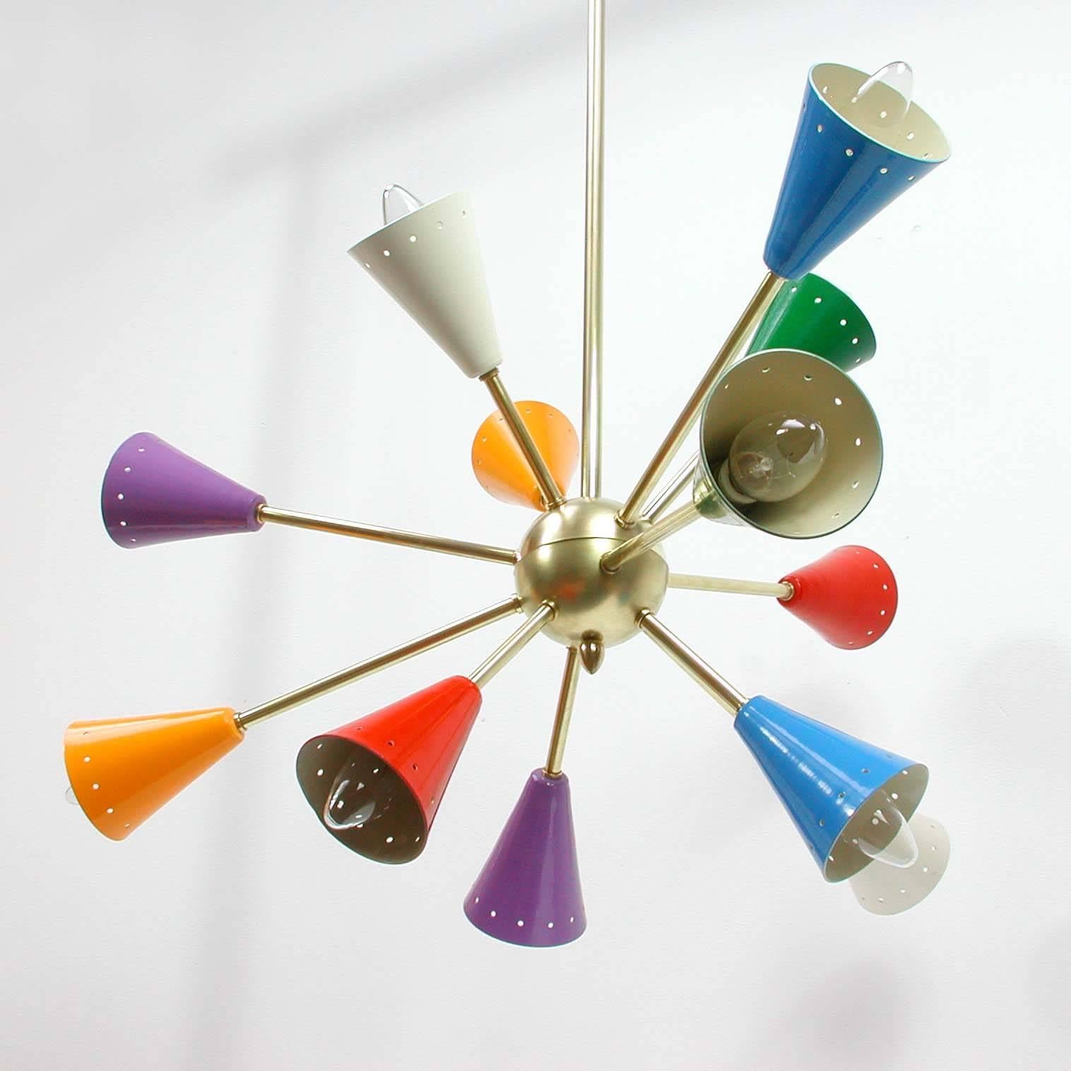 This multi-color Sputnik chandelier was made in Italy in the 1950s in the manner of Stilnovo. 

It has got 12 metal lampshades which request an E14 bulb each. The lampshades have got the color white, red, blue, dark green and yellow. The lamp rod