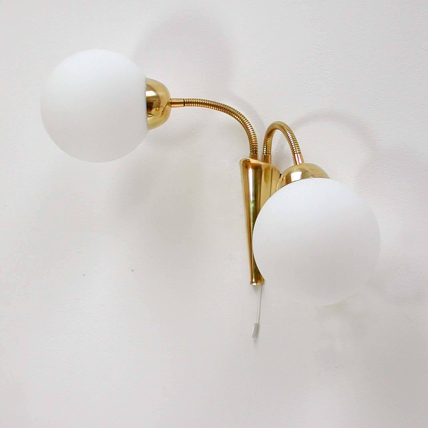 Mid-20th Century Midcentury Italian Double-Gooseneck Brass and Opal Glass Sconce, 1950s For Sale