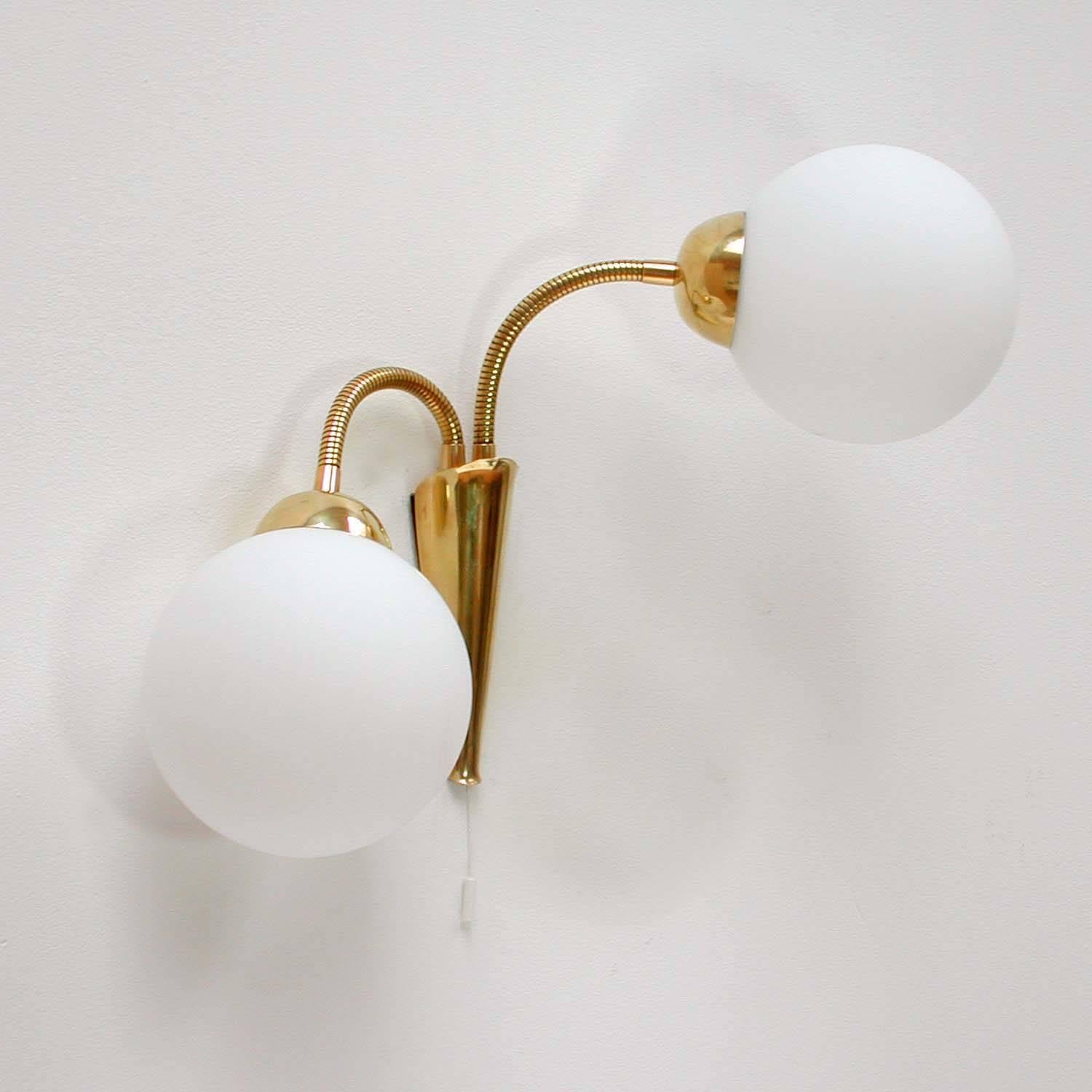 Mid-Century Modern Midcentury Italian Double-Gooseneck Brass and Opal Glass Sconce, 1950s For Sale