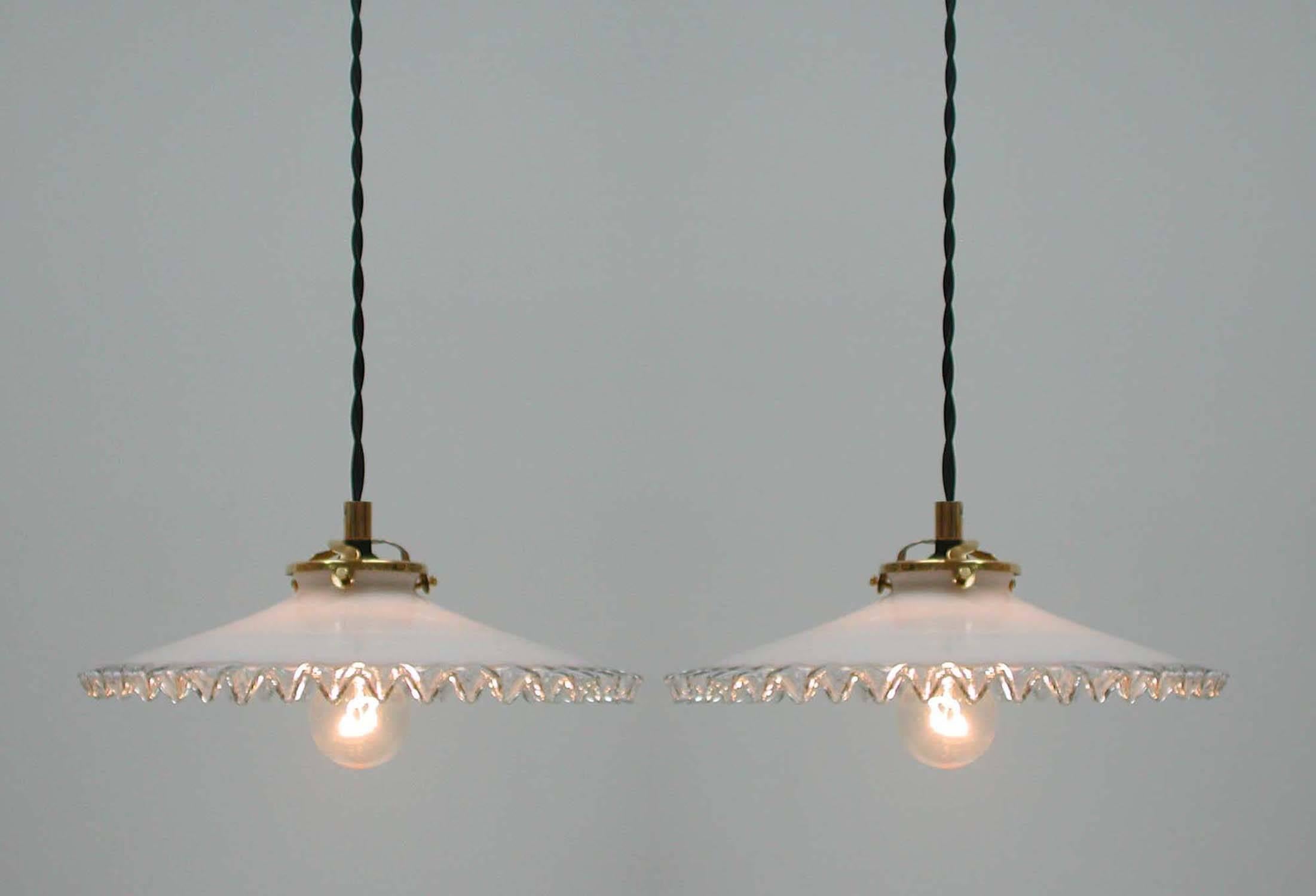 Brass Mid-Century French Opaline Glass Pendant Lamps, 1950s, Set of Two