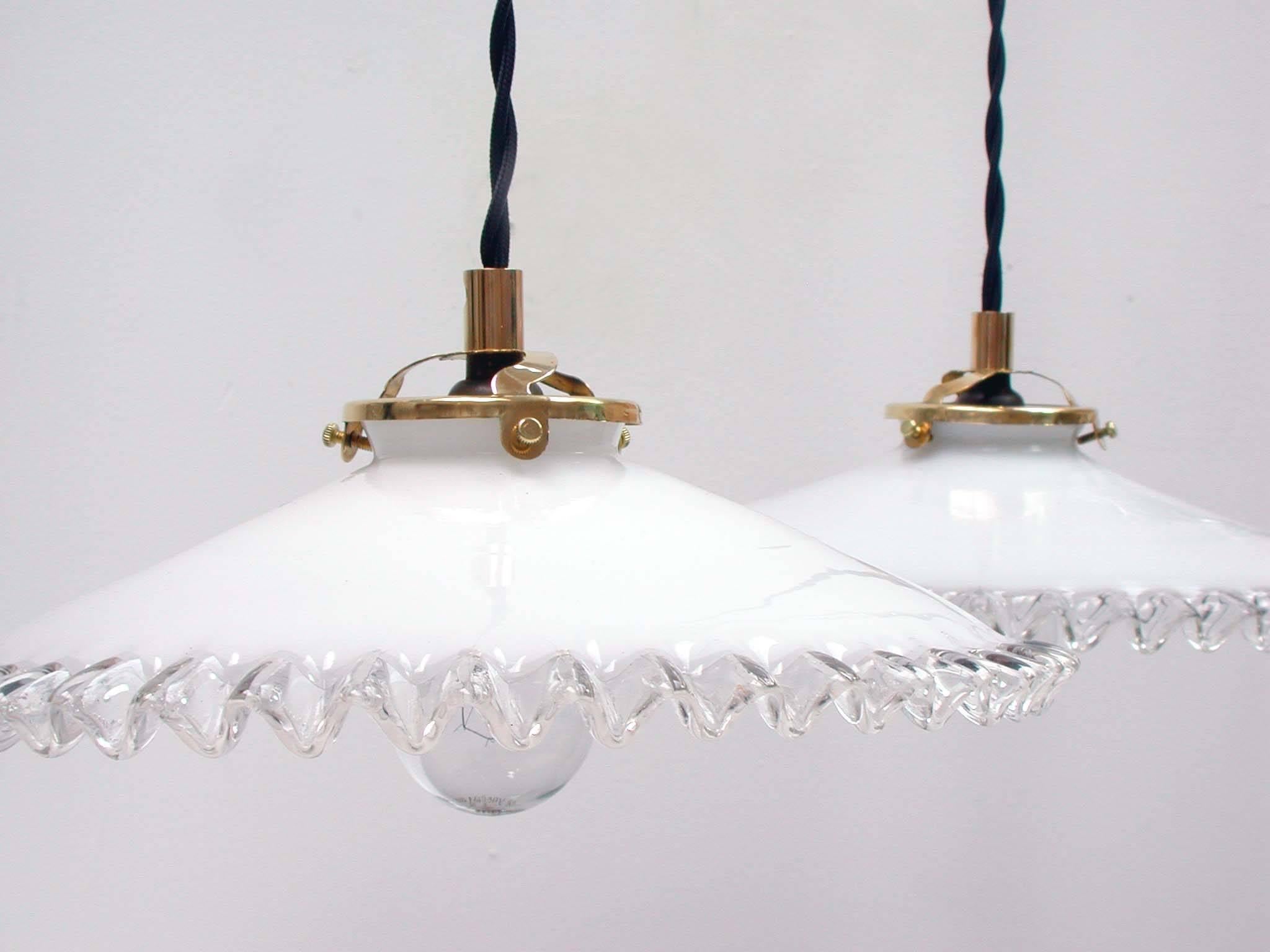 Mid-20th Century Mid-Century French Opaline Glass Pendant Lamps, 1950s, Set of Two