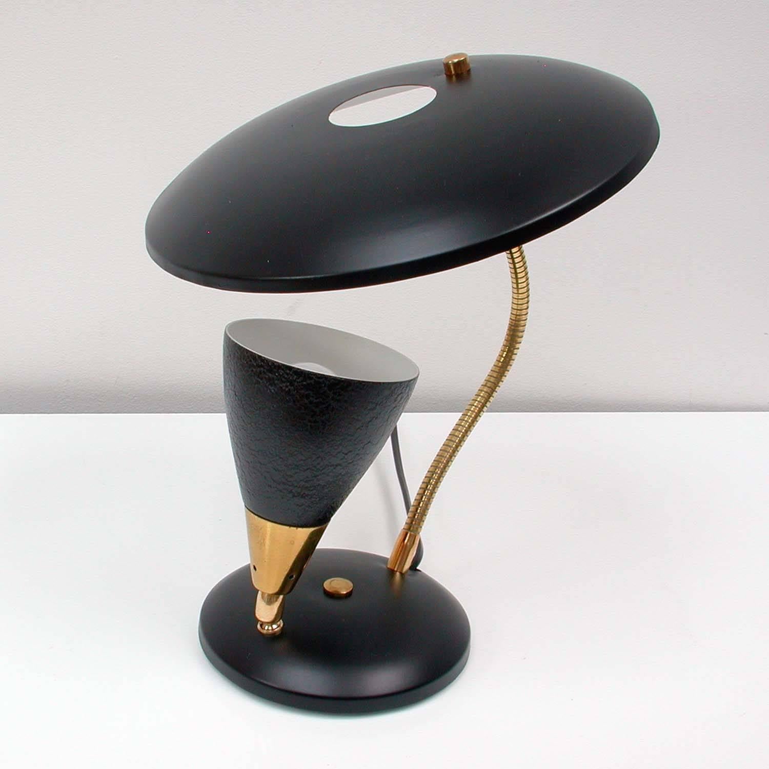 Lacquered Midcentury French Reflecting Gooseneck Black Table Lamp, 1950s