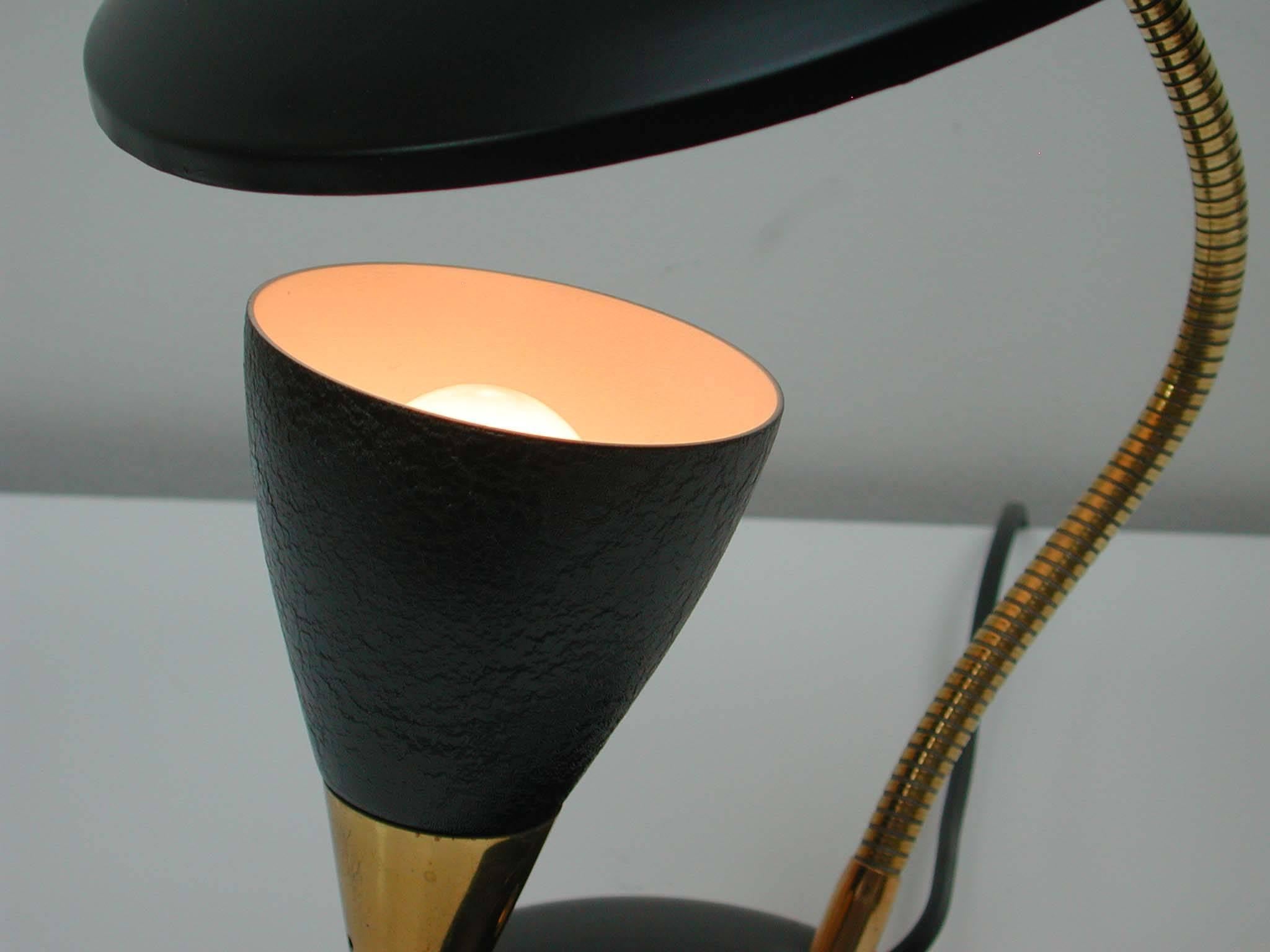 Brass Midcentury French Reflecting Gooseneck Black Table Lamp, 1950s