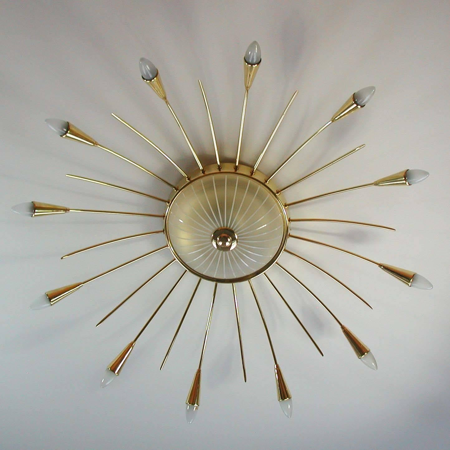 Mid-20th Century Mid-Century Italian Twelve-Light Brass Sputnik Sunburst Chandelier Flush Mount