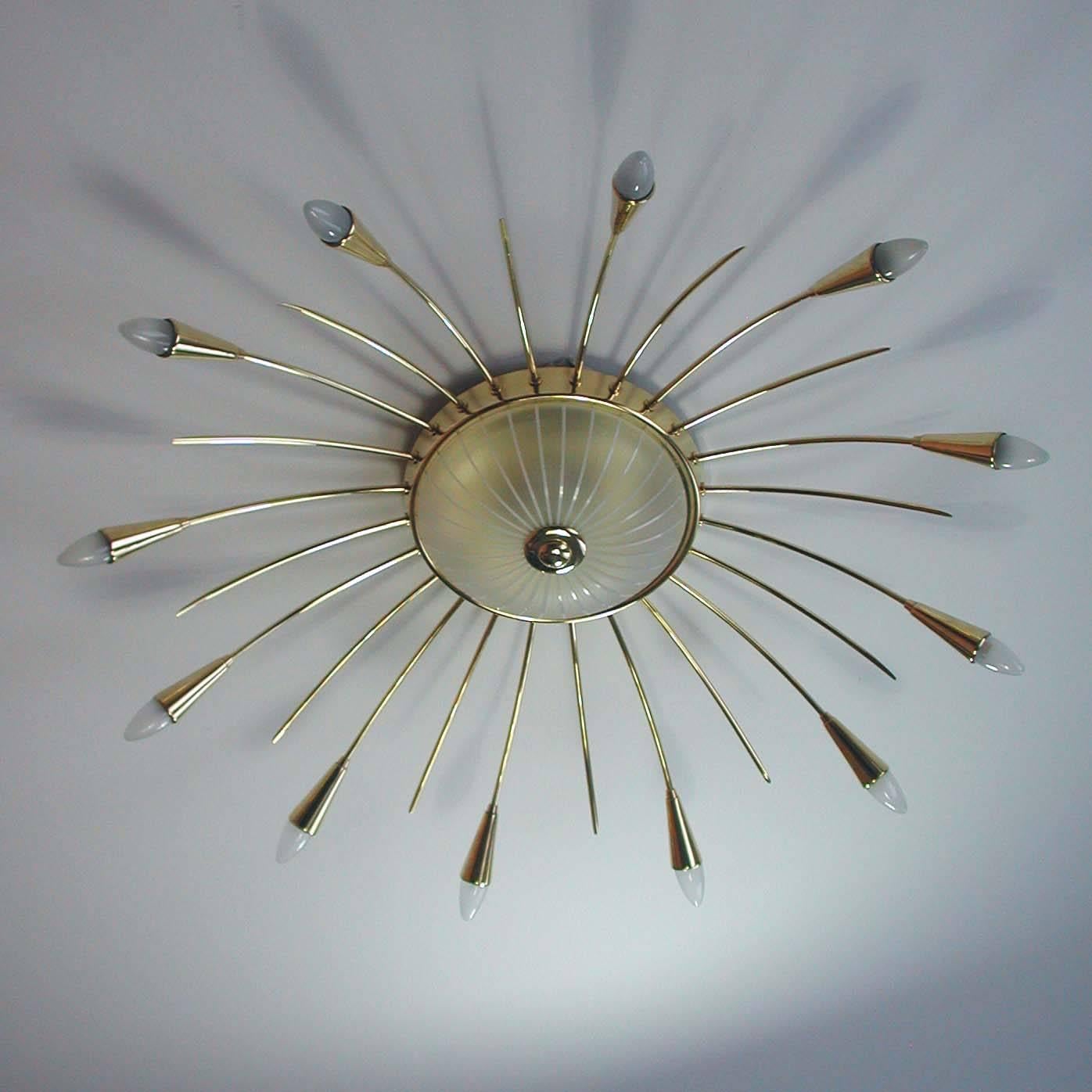 Mid-Century Modern Mid-Century Italian Twelve-Light Brass Sputnik Sunburst Chandelier Flush Mount