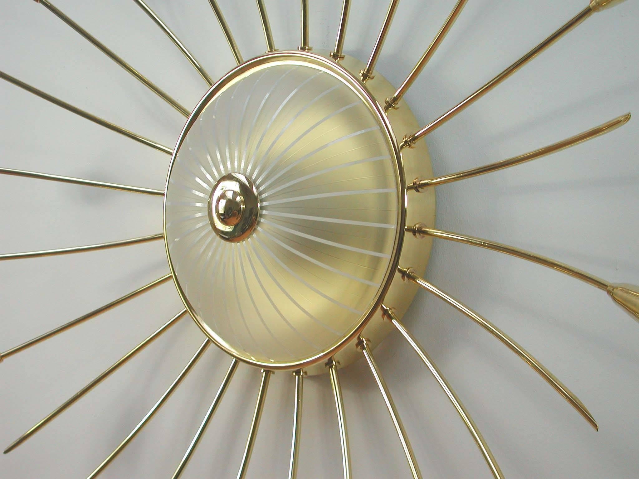 Mid-Century Italian Twelve-Light Brass Sputnik Sunburst Chandelier Flush Mount 1