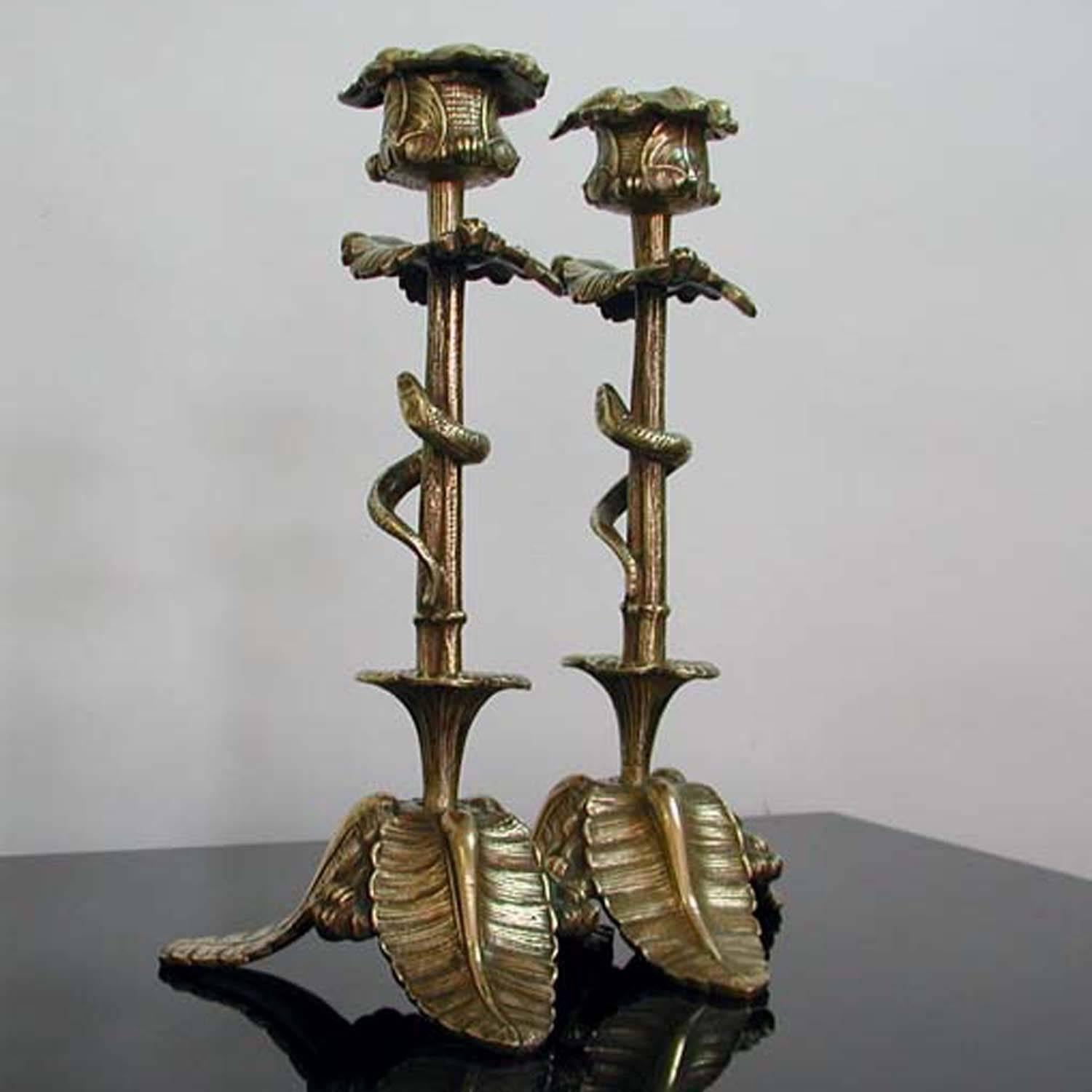 Late Victorian Late 19th Century German Serpent Bronze Candlesticks 