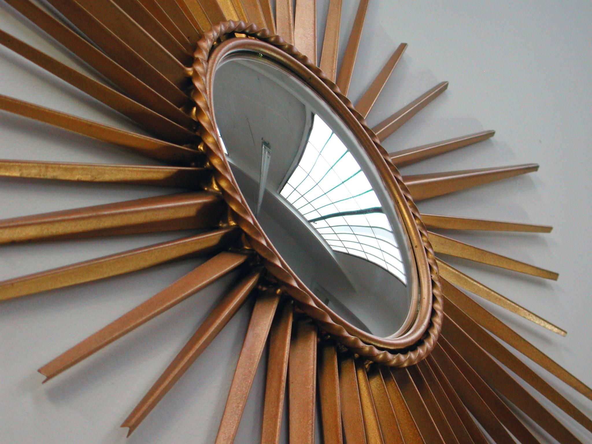 Plated French 1950s Sunburst Convex Gilt Wall Mirror by Chaty Vallauris