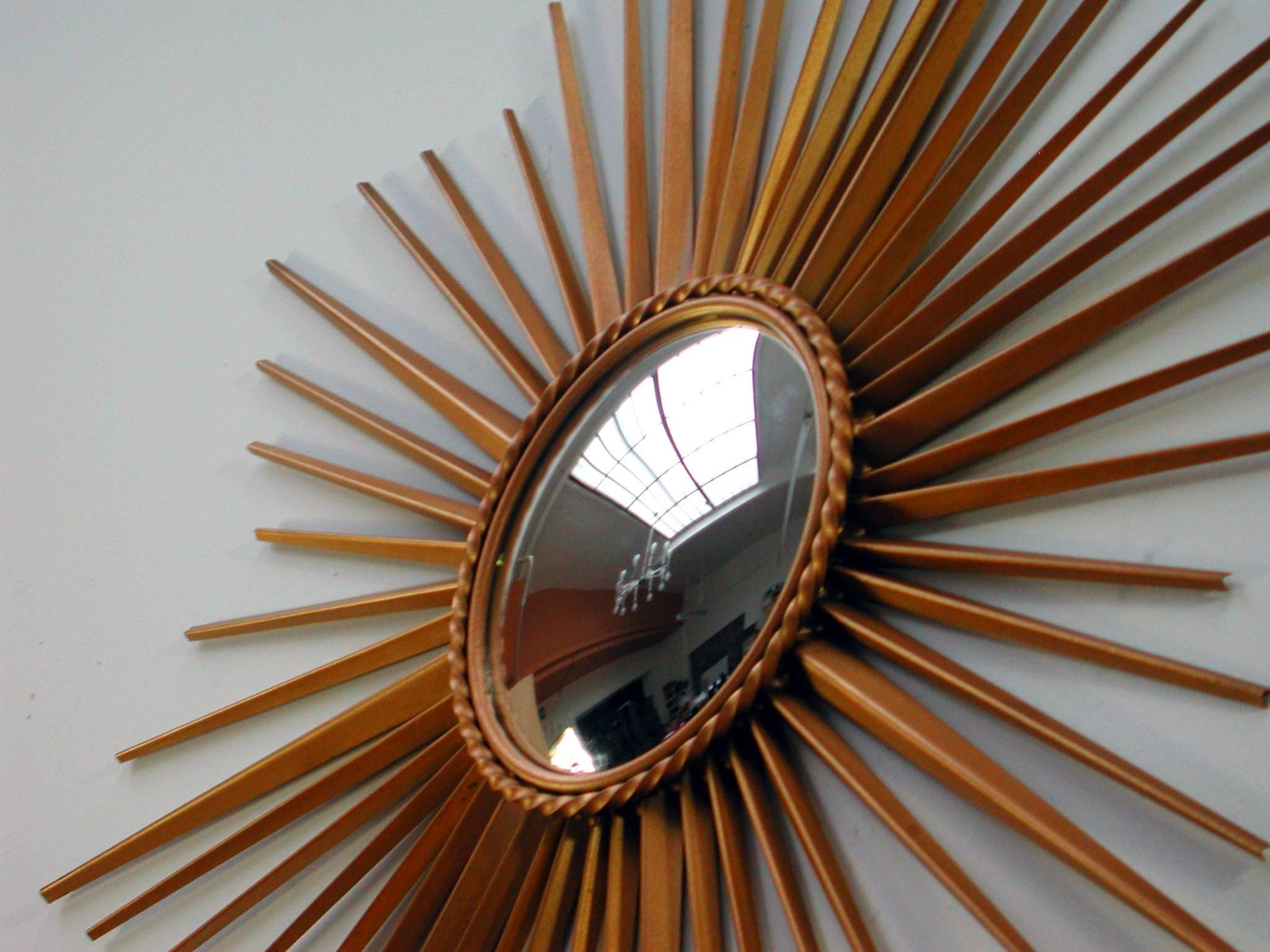 Metal French 1950s Sunburst Convex Gilt Wall Mirror by Chaty Vallauris