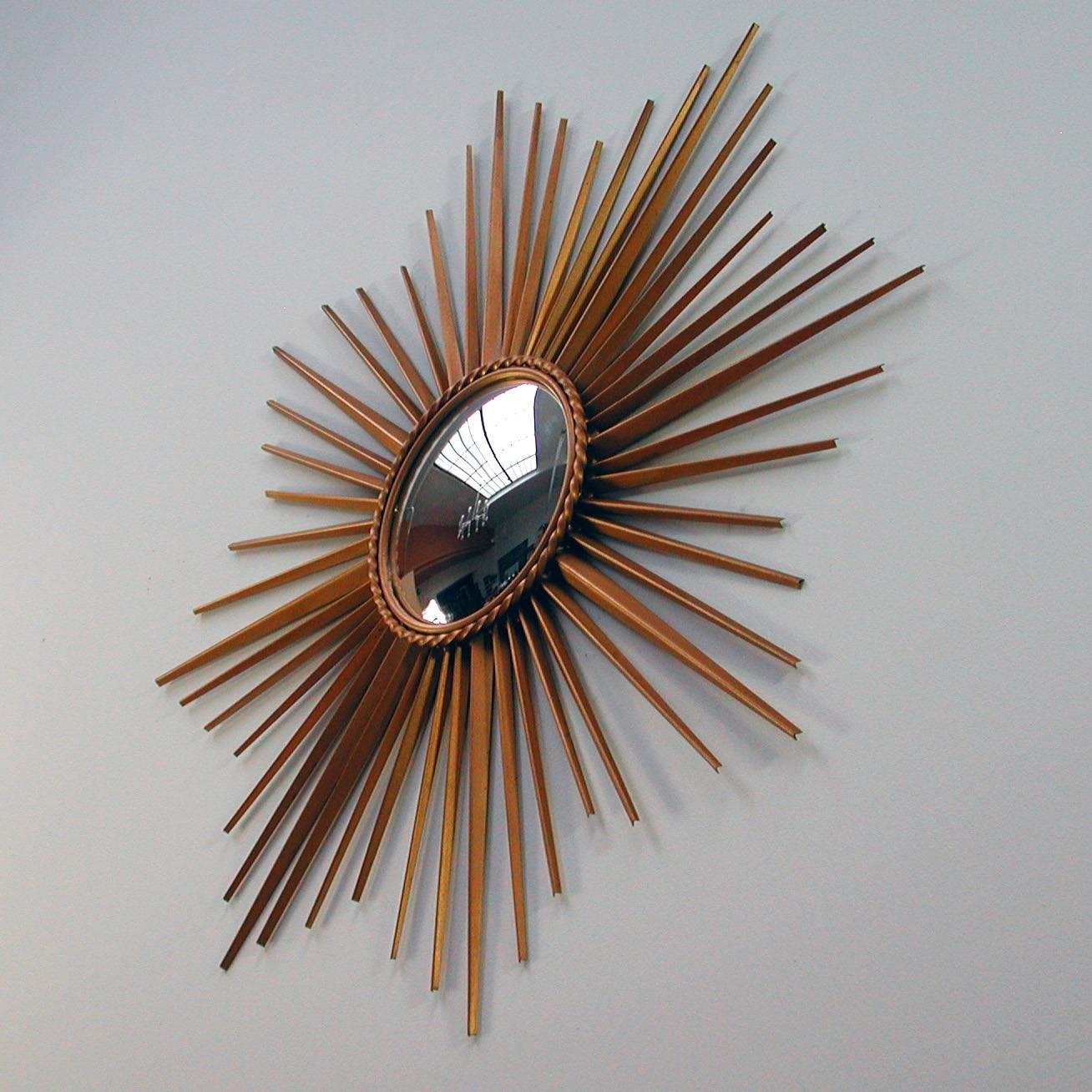 Mid-Century Modern French 1950s Sunburst Convex Gilt Wall Mirror by Chaty Vallauris