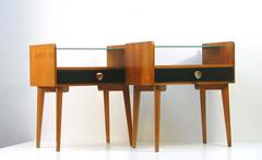 Pair of Italian Walnut and Black Glass Nightstands or End Tables, 1950s