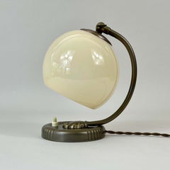 Art Deco Bronzed Brass & Opaline Glass Table Lamp, Germany 1930s
