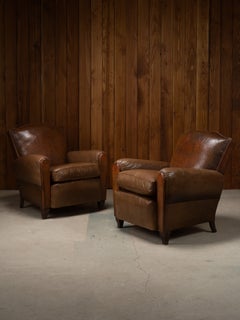 Pair Of Restored Art Deco French Leather Mustache Club Chairs