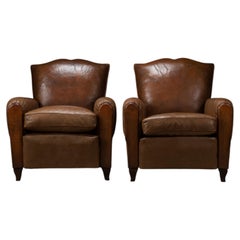 Pair Of Restored Art Deco French Leather Mustache Club Chairs