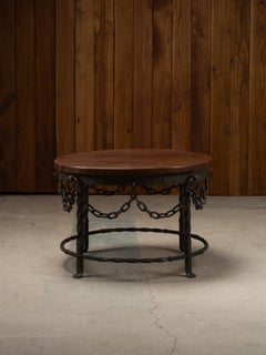 Brutalist French Guéridon Iron and Oak Coffee Table Attributed to Jean Touret