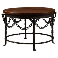 Brutalist French Guéridon Iron and Oak Coffee Table Attributed to Jean Touret