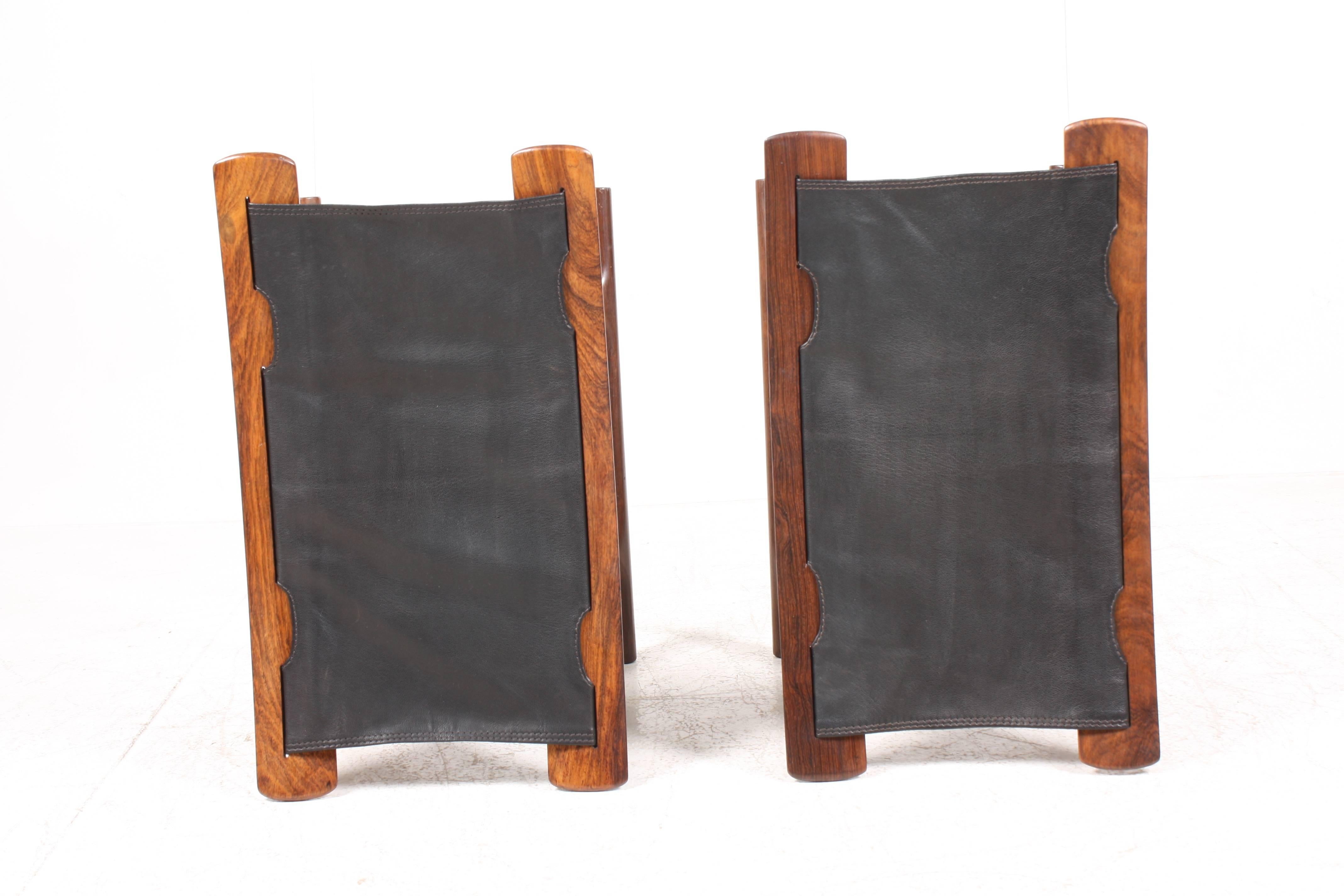 Leather Pair of Rosewood Folding Stools Design by Ole Wanscher