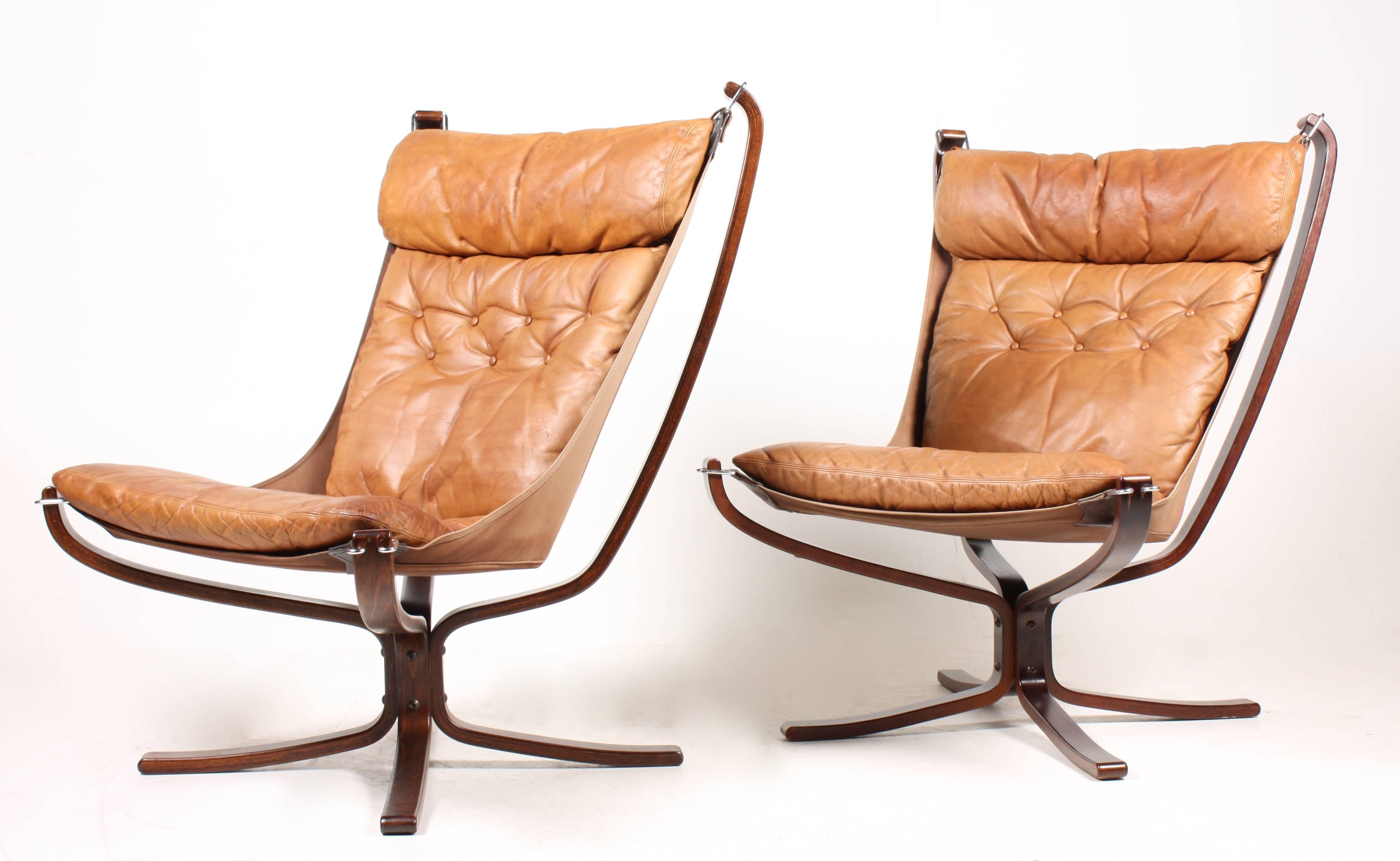 Norwegian Pair of Falcon Chairs in Patinated Leather