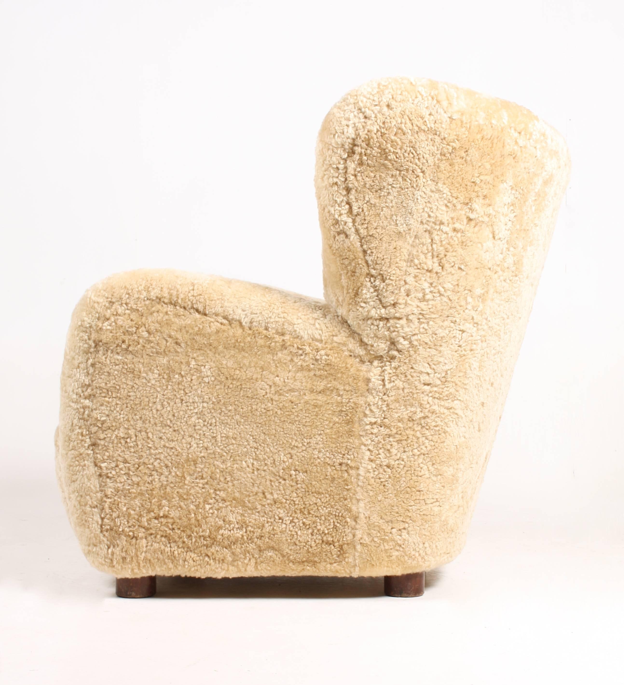Danish Shearling Upholstered Easy Chair, 1940s