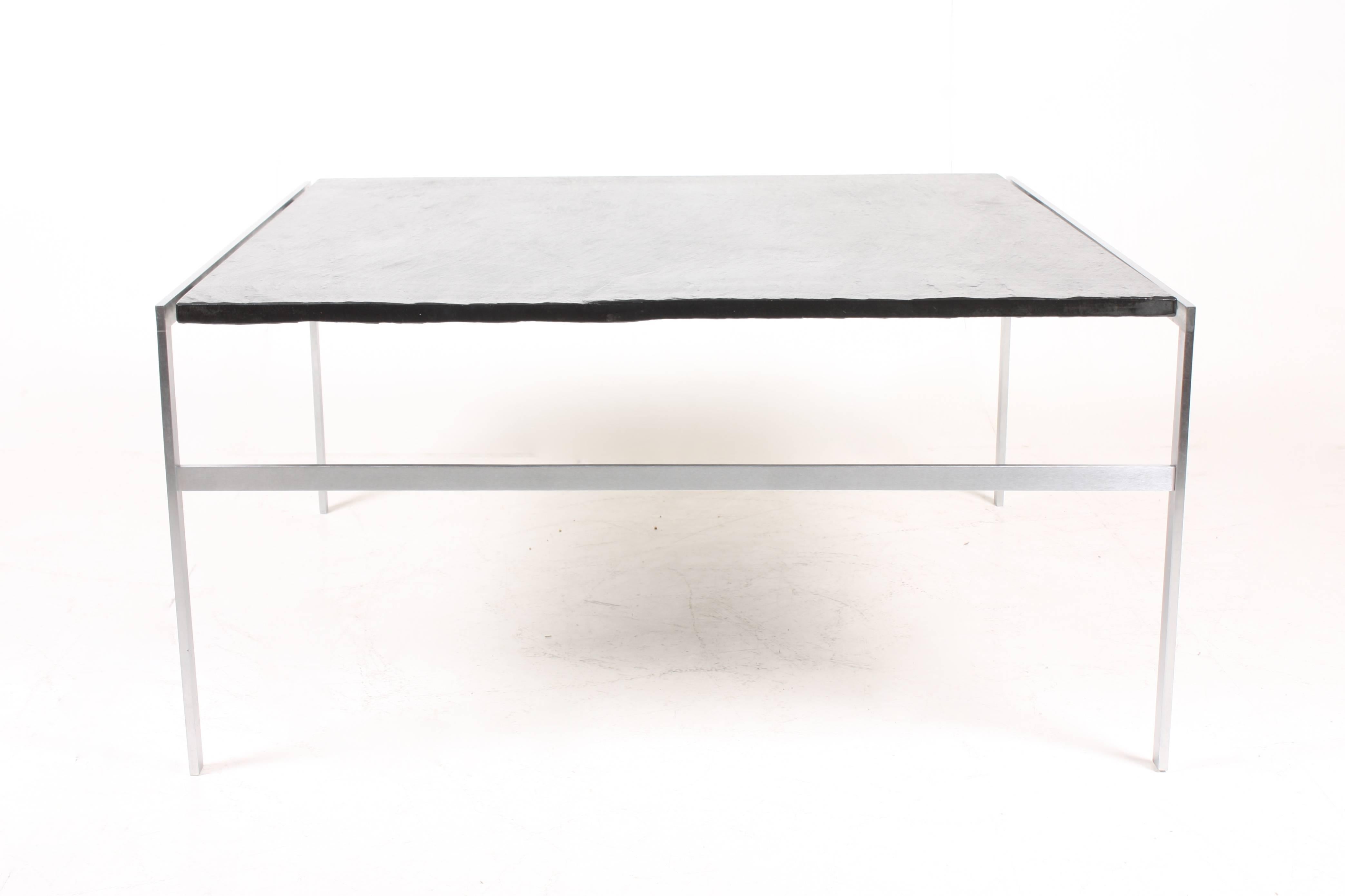 Low table, slate top on a stainless steel base. Designed by Maa. Jørgen Fabricius & Preben Kastholm for Bo-Ex Denmark. Great original condition.