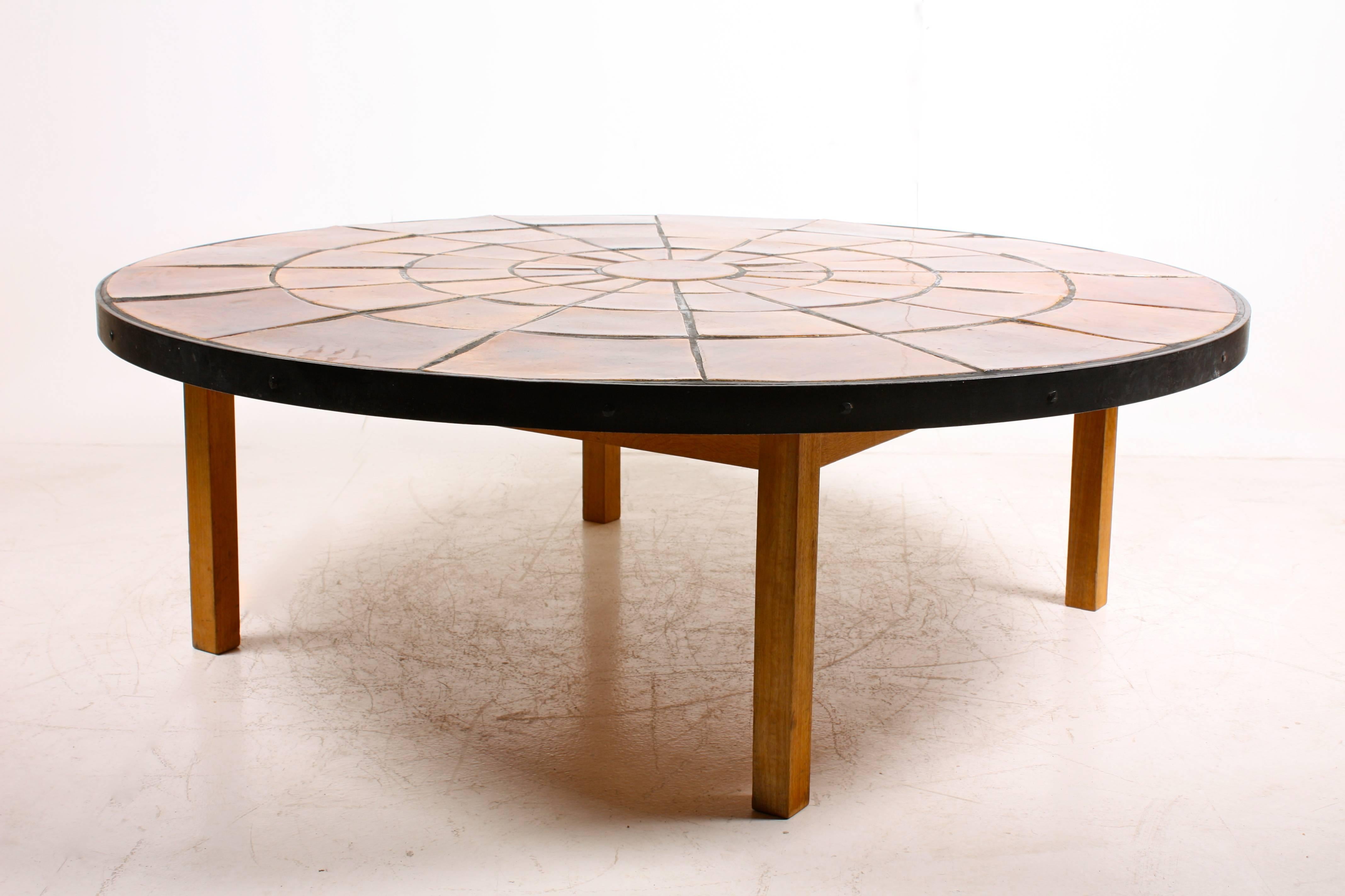 Size XL low table, Handmade ceramic tiles on an oak base.  Made in Bornholm Denmark in the 1970's