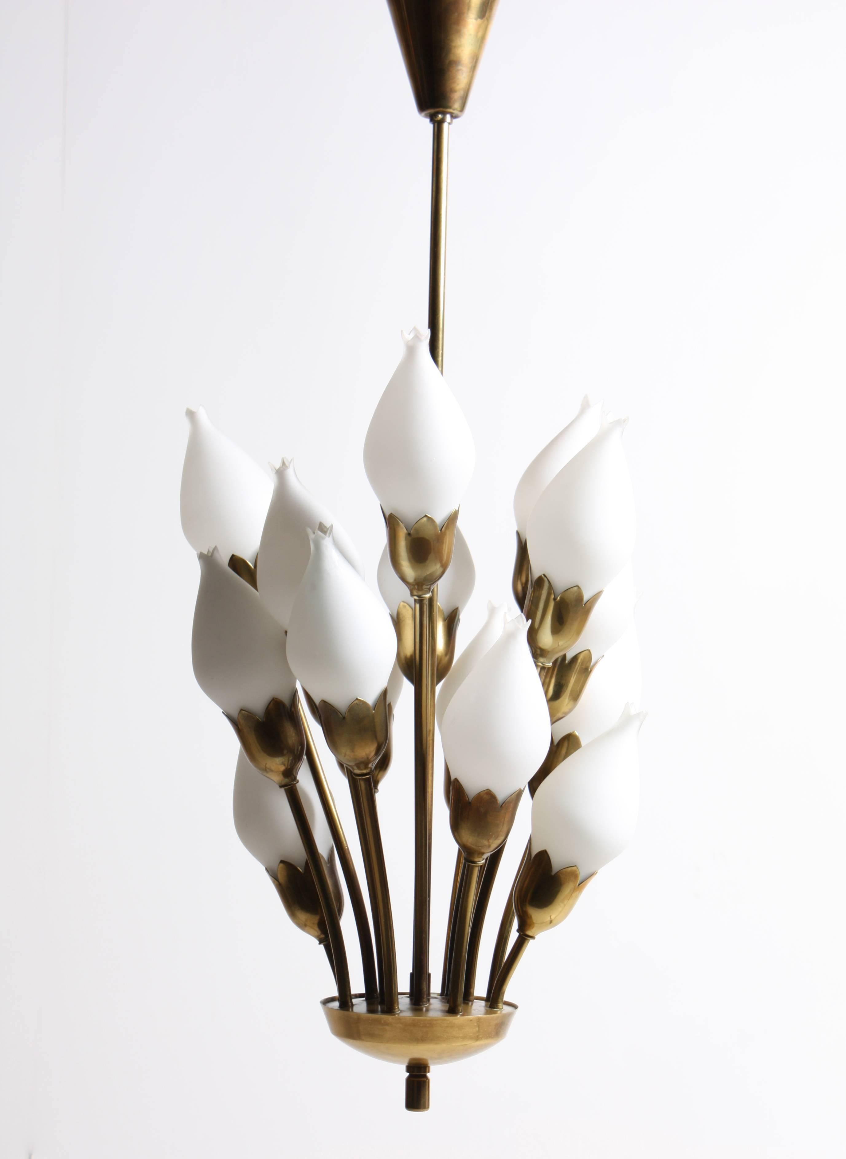 1950s tulip chandelier in brass and white glass, designed and made by Fog & Mørup, Denmark. Great original condition.