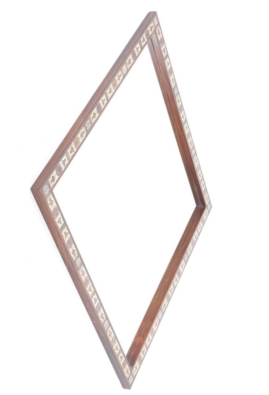 Large wall mirror, frame of rosewood with inlay of Royale Copenhagen tiles. Designed by Severin Hansen and made by Haslev furniture Denmark. Great original condition, circa 1960.
