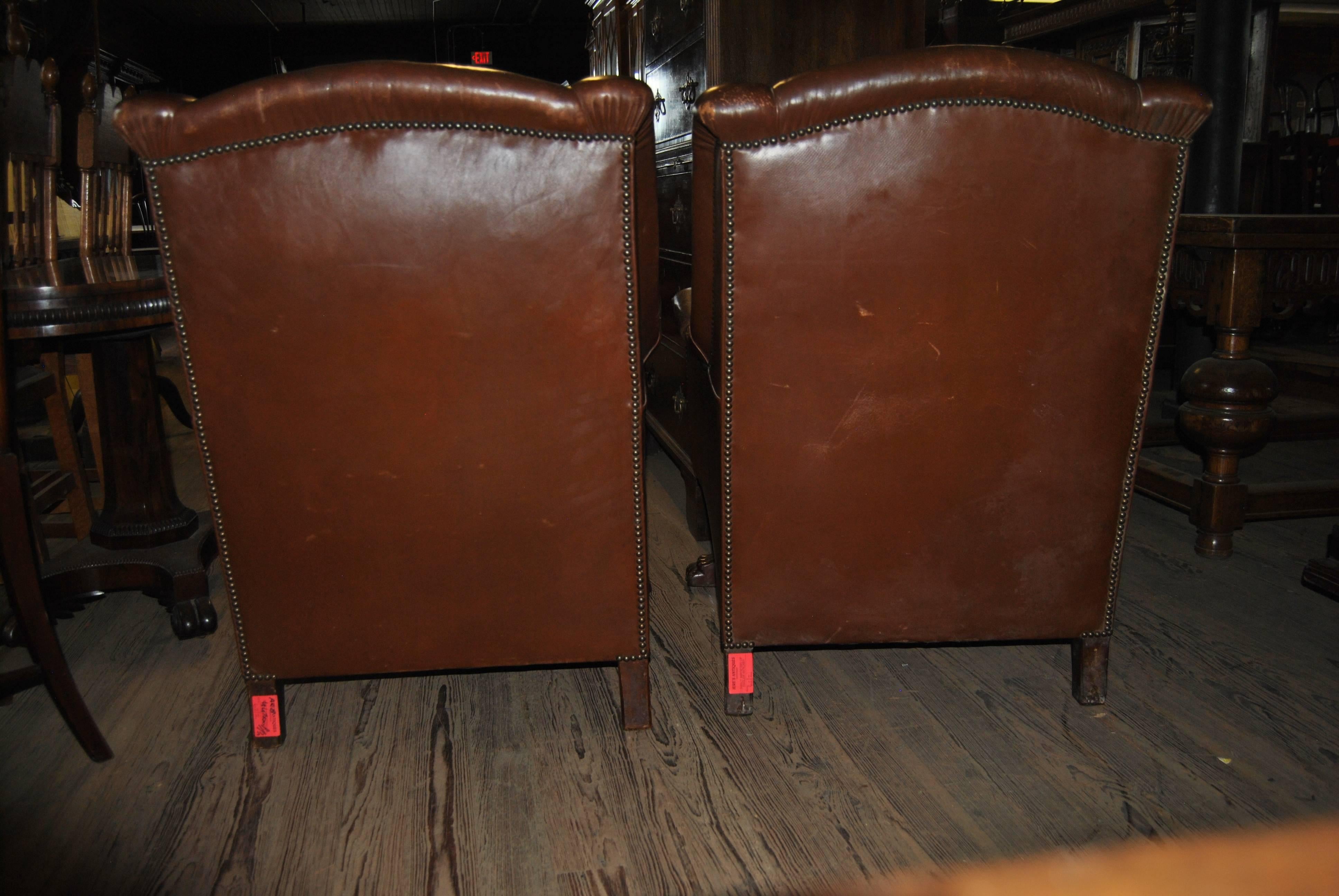 Pair of Leather English Art Deco Club Chairs In Excellent Condition In Savannah, GA
